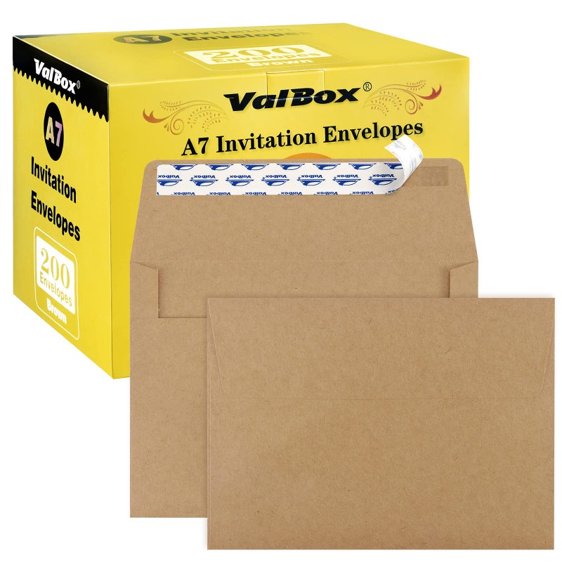 ValBox 200 Qty A7 Invitation Envelopes 5 x 7, 120GSM Brown Kraft Paper Envelopes for 5x7 Cards, Self Seal, Weddings, Invitations, Baby Shower, Stationery, Office, 5.25 x 7.25 Inches - Image 1